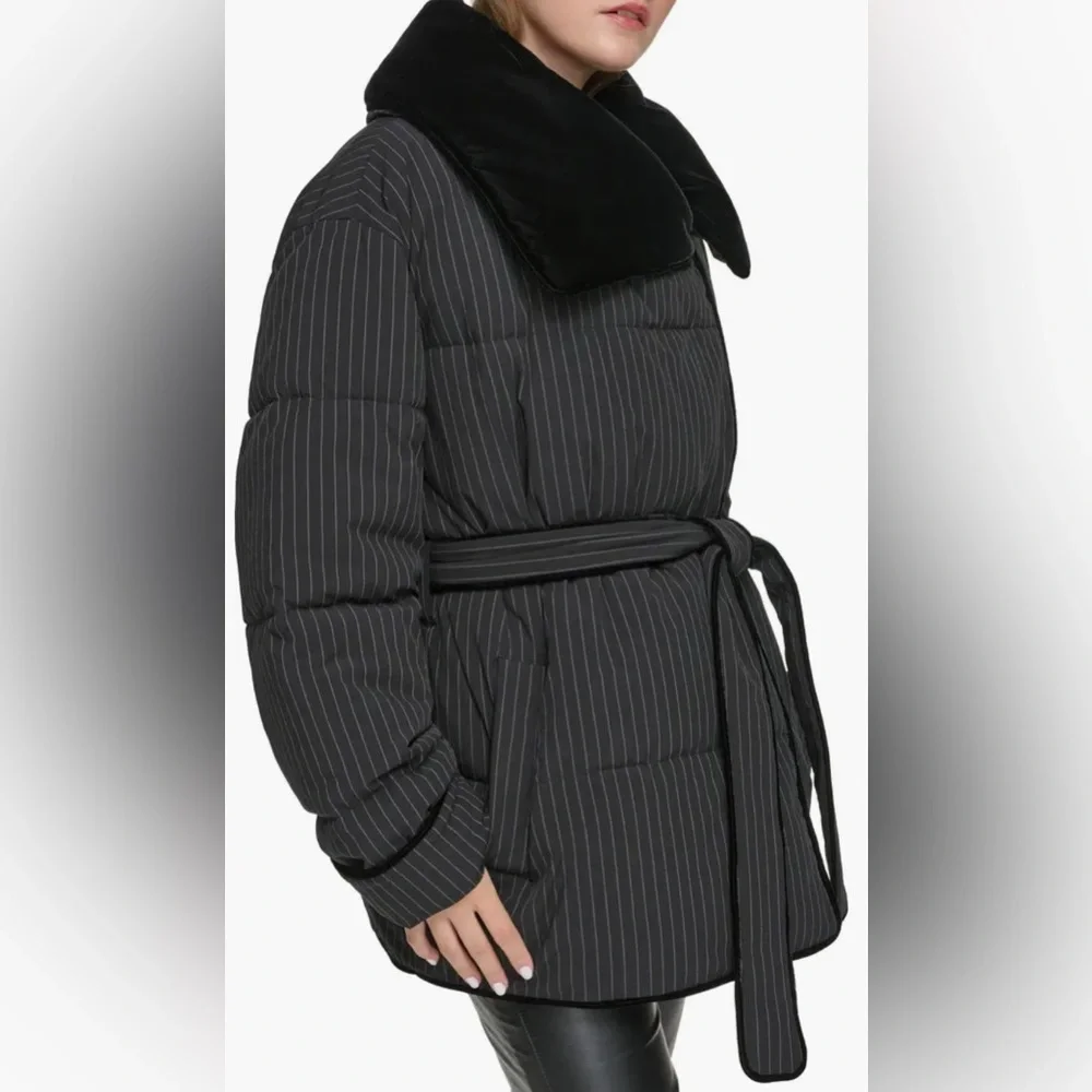 Andrew Marc Krithia Pinstripe Belted Puffer Coat - Picture 3 of 4